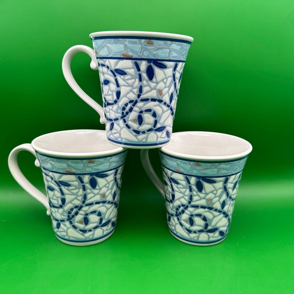 Set of 3 Pfaltzgraff Monaco Blue Mosaic Mugs Discontinued Stoneware
